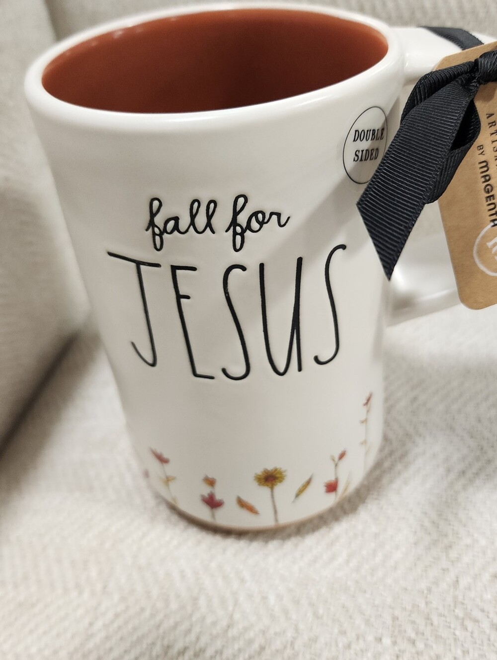 Rae Dunn Fall For Jesus He Never Leaves Ceramic Mug with Brown Interior -